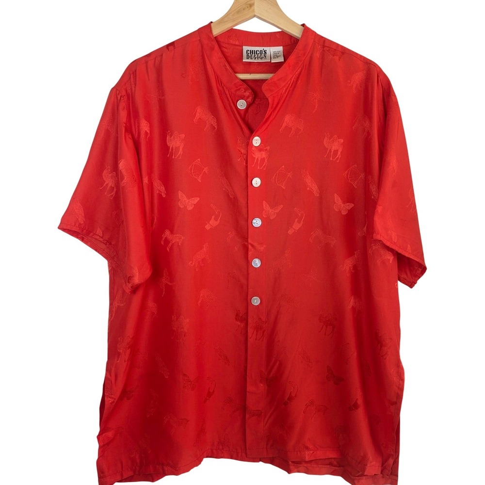 Vintage Chicos Design Red Silk Mandarin Collar Blouse Animal Print Size 2